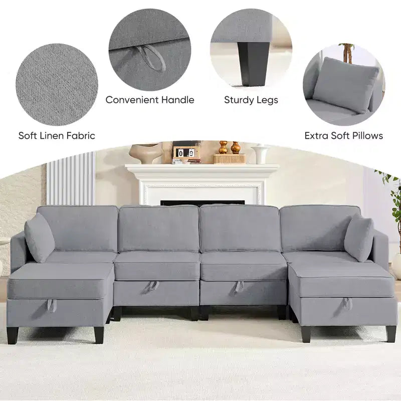 Mjkone Flexible Combination 4-Seater Modular Sofa with Ottomans,Linen Convertible Sleeper Sofa Bed with Storage Space