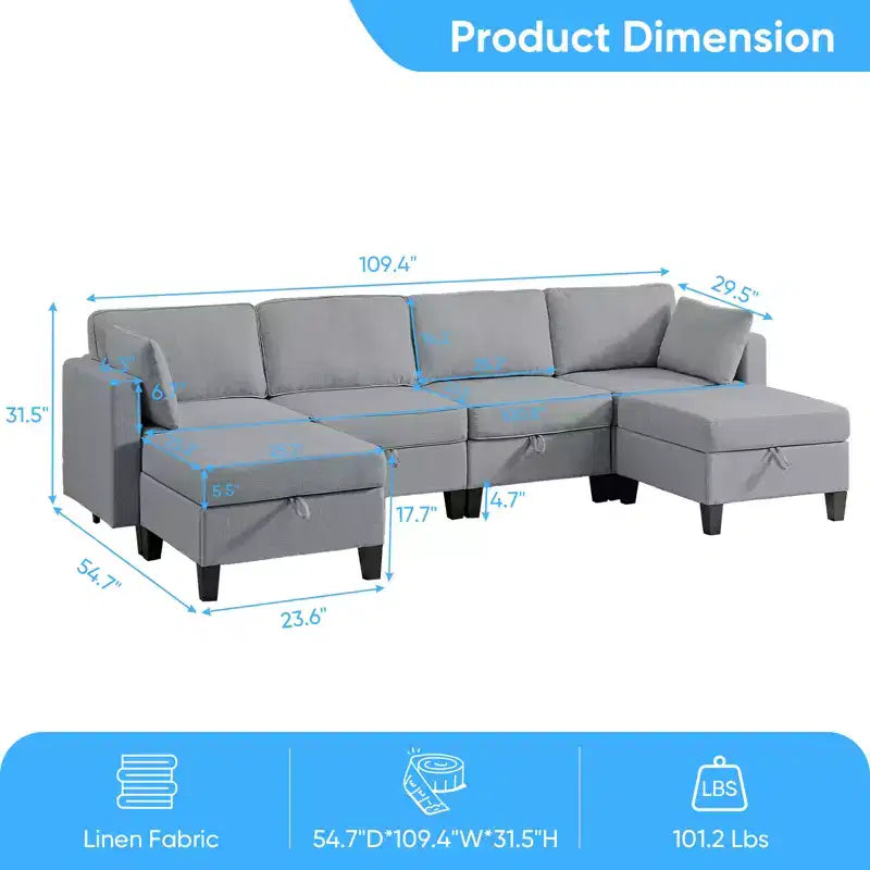 Mjkone Flexible Combination 4-Seater Modular Sofa with Ottomans,Linen Convertible Sleeper Sofa Bed with Storage Space