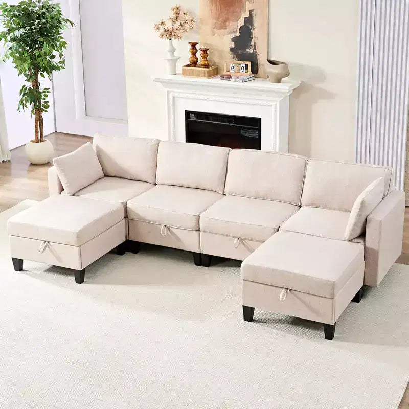 Mjkone Flexible Combination 4-Seater Modular Sofa with Ottomans,Linen Convertible Sleeper Sofa Bed with Storage Space