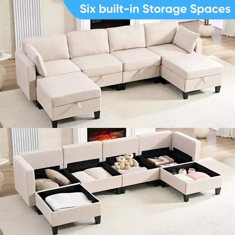 Mjkone Flexible Combination 4-Seater Modular Sofa with Ottomans,Linen Convertible Sleeper Sofa Bed with Storage Space