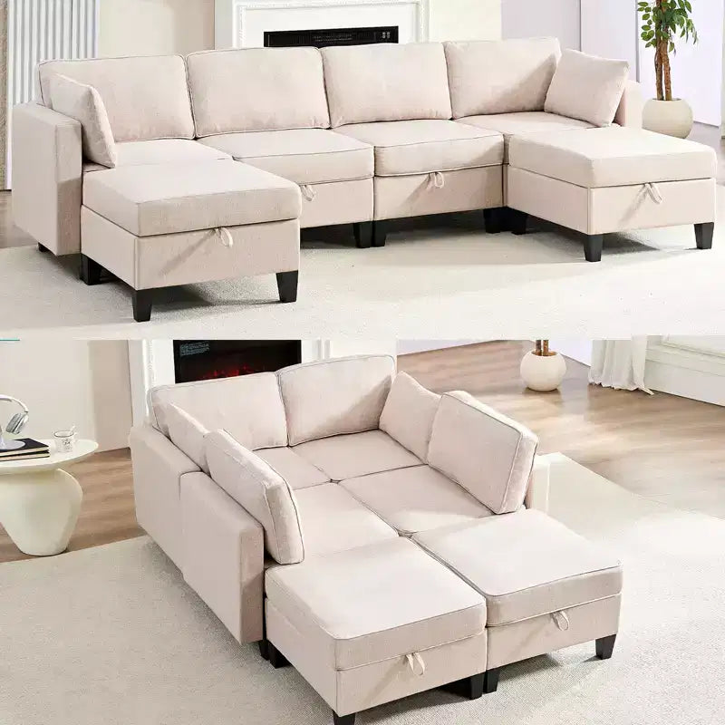 Mjkone Flexible Combination 4-Seater Modular Sofa with Ottomans,Linen Convertible Sleeper Sofa Bed with Storage Space