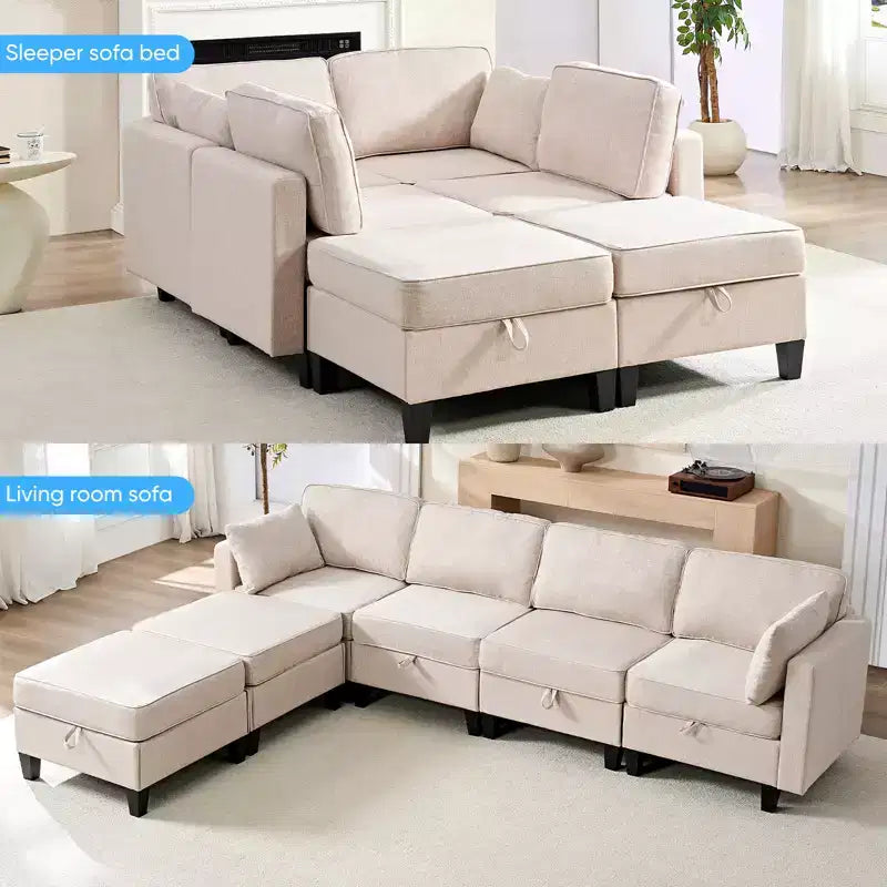 Mjkone Flexible Combination 4-Seater Modular Sofa with Ottomans,Linen Convertible Sleeper Sofa Bed with Storage Space