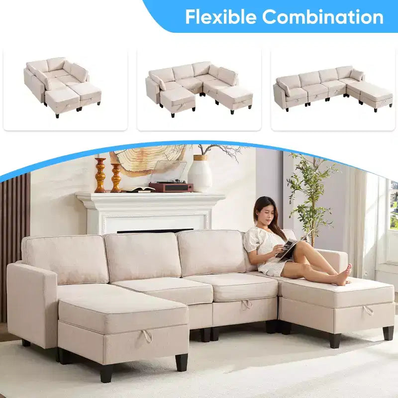 Mjkone Flexible Combination 4-Seater Modular Sofa with Ottomans,Linen Convertible Sleeper Sofa Bed with Storage Space