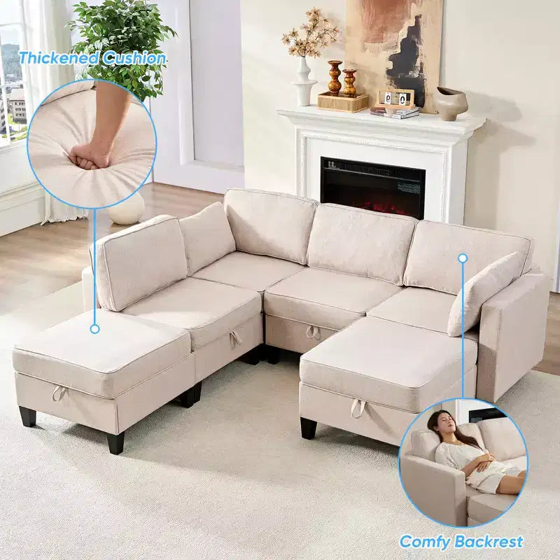 Mjkone Flexible Combination 4-Seater Modular Sofa with Ottomans,Linen Convertible Sleeper Sofa Bed with Storage Space
