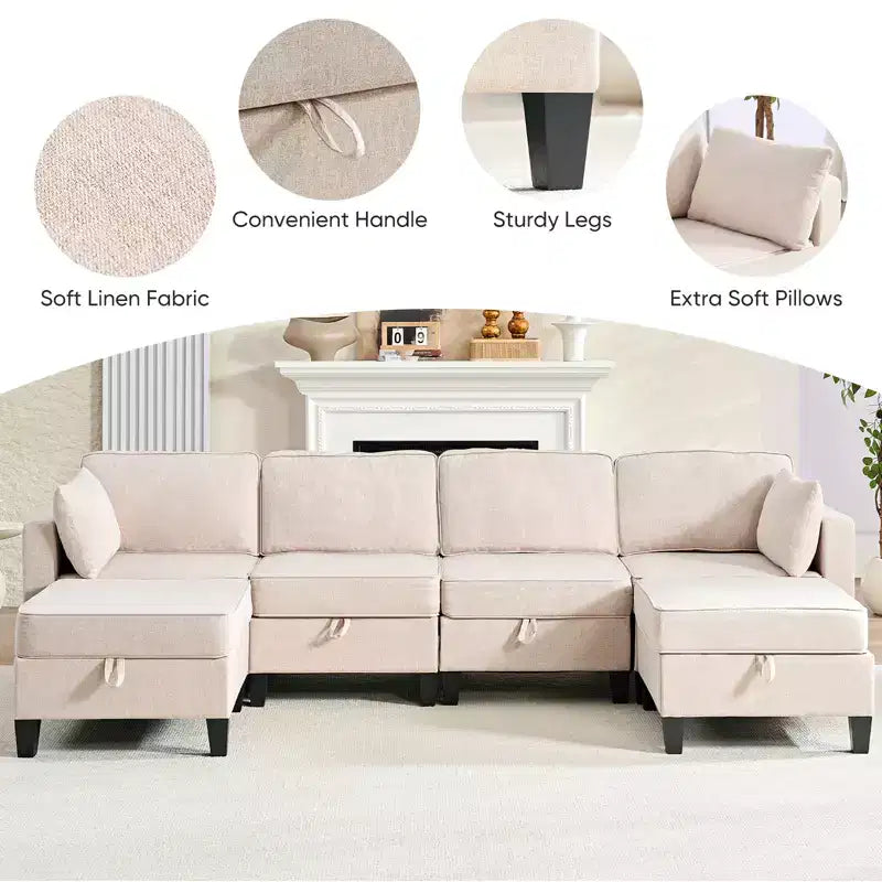 Mjkone Flexible Combination 4-Seater Modular Sofa with Ottomans,Linen Convertible Sleeper Sofa Bed with Storage Space