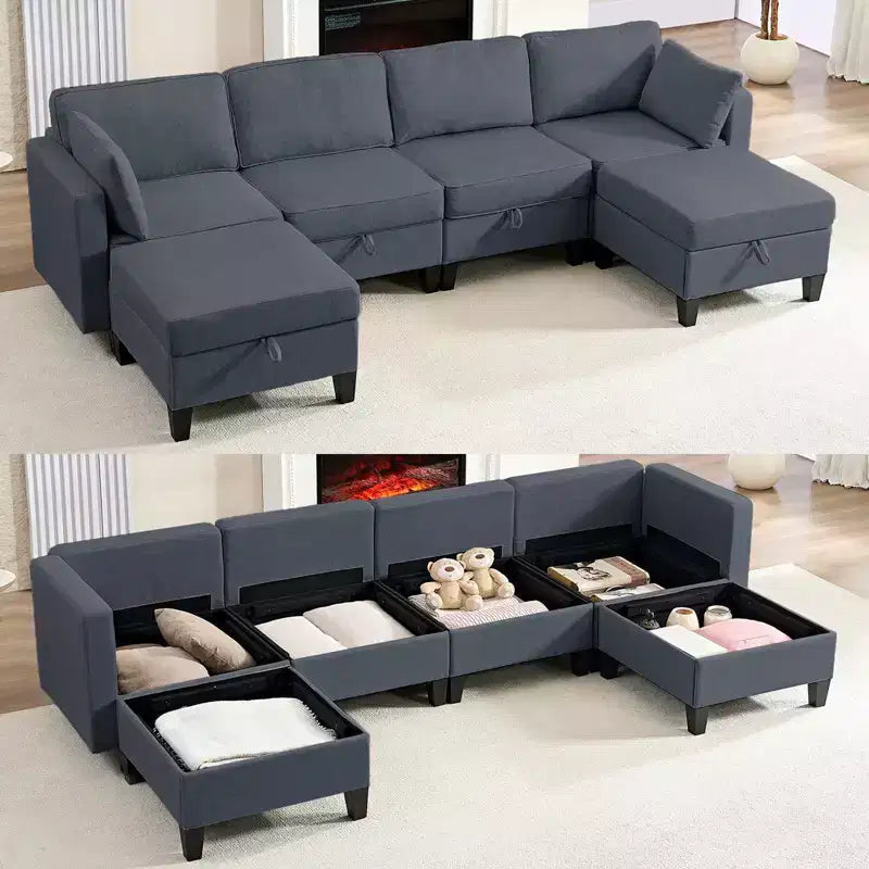 Mjkone Flexible Combination 4-Seater Modular Sofa with Ottomans,Linen Convertible Sleeper Sofa Bed with Storage Space