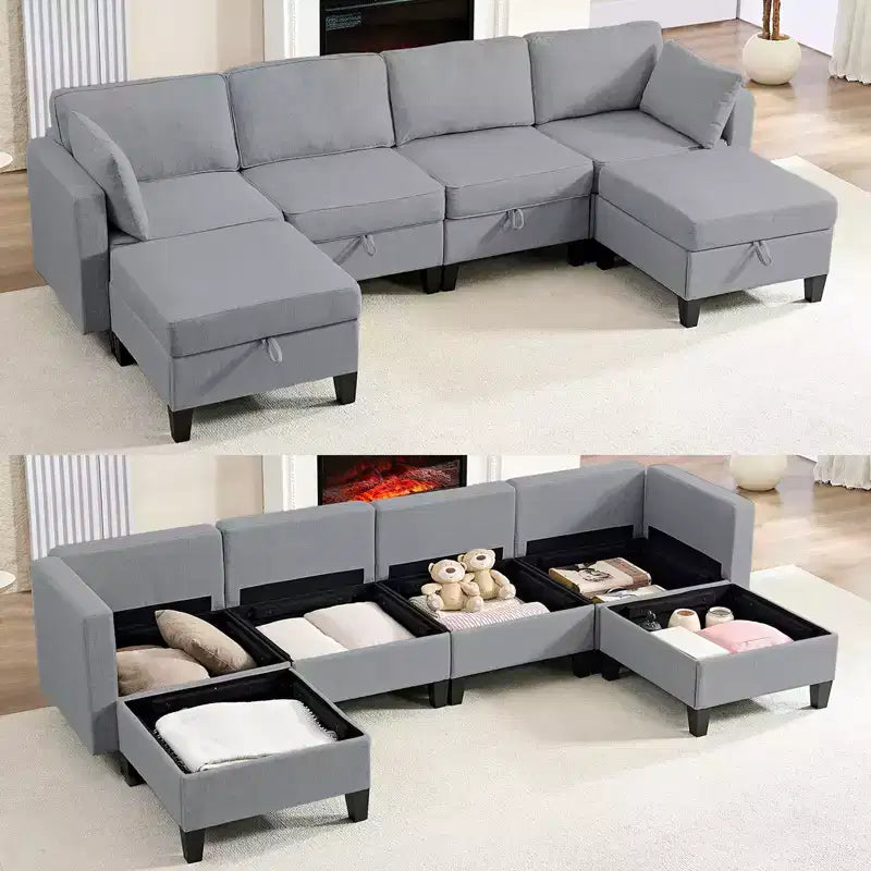 Mjkone Flexible Combination 4-Seater Modular Sofa with Ottomans,Linen Convertible Sleeper Sofa Bed with Storage Space
