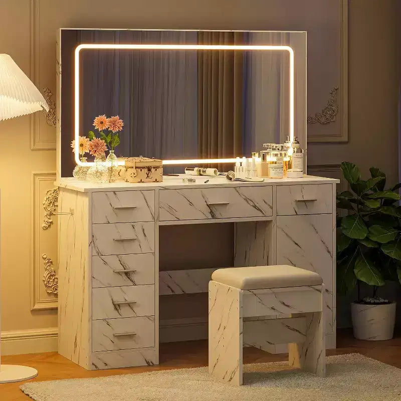 COZONY Modern Makeup Vanity Set, 7-Drawer Dressing Table with Large LED Mirror, Adjustable Brightness, Cushioned Stool & Hidden Storage, Marble White