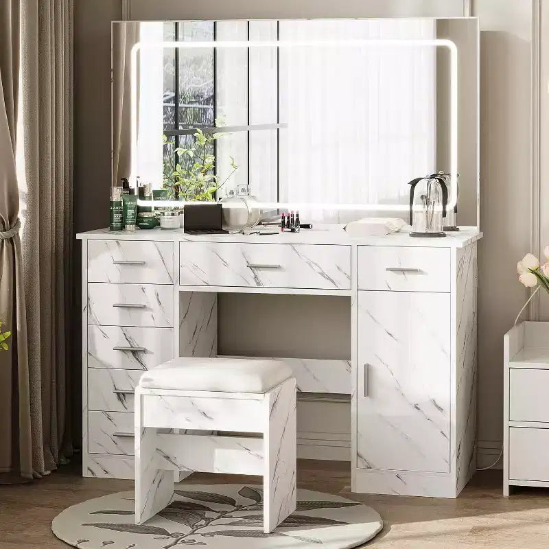 COZONY Modern Makeup Vanity Set, 7-Drawer Dressing Table with Large LED Mirror, Adjustable Brightness, Cushioned Stool & Hidden Storage, Marble White