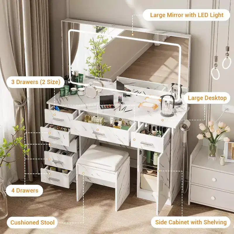 COZONY Modern Makeup Vanity Set, 7-Drawer Dressing Table with Large LED Mirror, Adjustable Brightness, Cushioned Stool & Hidden Storage, Marble White