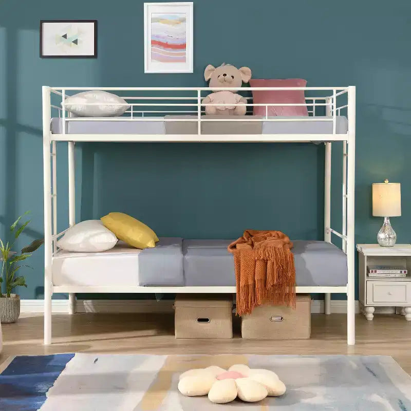 Bellemave Metal Twin Over Twin Bunk Bed with Guardrail & Ladder, Convertible Heavy Duty Bed for Kids, Teens & Adults, White