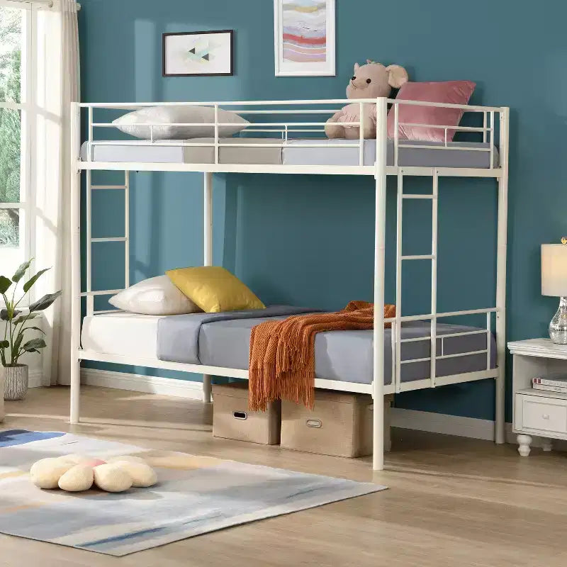 Bellemave Metal Twin Over Twin Bunk Bed with Guardrail & Ladder, Convertible Heavy Duty Bed for Kids, Teens & Adults, White