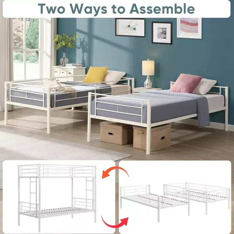 Bellemave Metal Twin Over Twin Bunk Bed with Guardrail & Ladder, Convertible Heavy Duty Bed for Kids, Teens & Adults, White