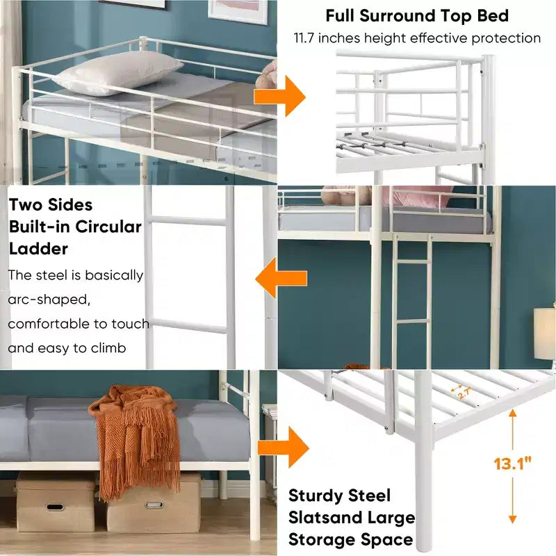 Bellemave Metal Twin Over Twin Bunk Bed with Guardrail & Ladder, Convertible Heavy Duty Bed for Kids, Teens & Adults, White