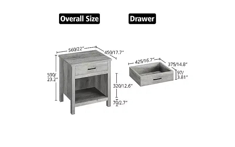 GustoWave 22 width Nightstand with Drawer,Grey Night Stand End Table Living Room with Storage Shelf,Wooden Bedside Table for Bedroom Nursery Office