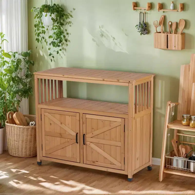 Okak Storage Cabinet with Potting Bench, Kitchen Cabinet with 2 Doors and 2 Shelves, Short Cabinet for Living Room, Dining Room, Kitchen
