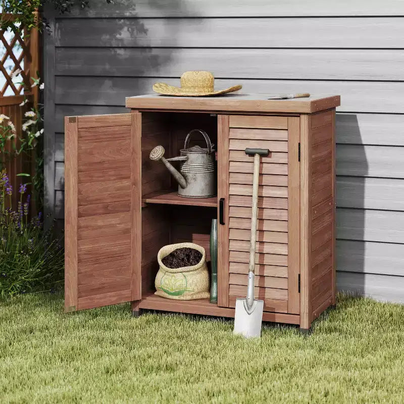 Okak Storage Cabinet with Potting Bench, Kitchen Cabinet with 2 Doors and 2 Shelves, Short Cabinet for Living Room, Dining Room, Kitchen