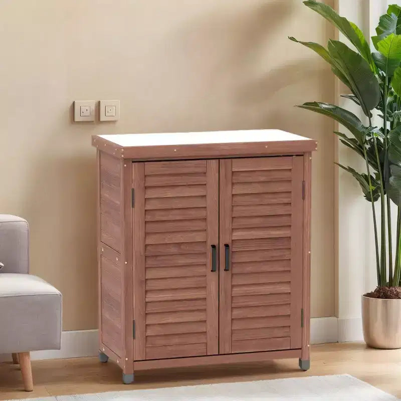 Okak Storage Cabinet with Potting Bench, Kitchen Cabinet with 2 Doors and 2 Shelves, Short Cabinet for Living Room, Dining Room, Kitchen