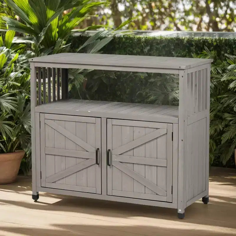 Okak Storage Cabinet with Potting Bench, Kitchen Cabinet with 2 Doors and 2 Shelves, Short Cabinet for Living Room, Dining Room, Kitchen