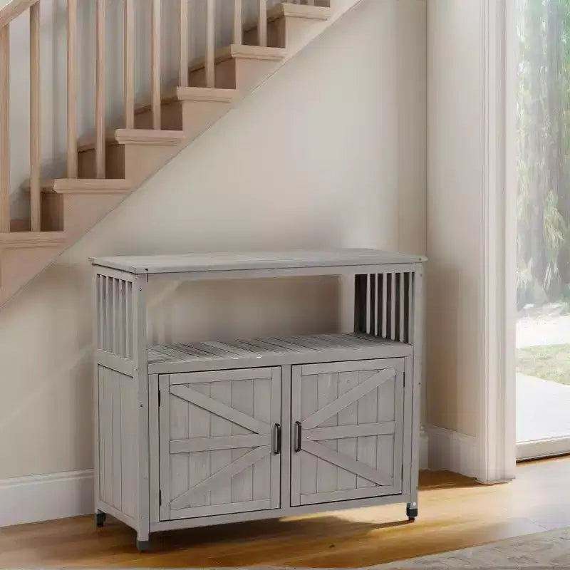 Okak Storage Cabinet with Potting Bench, Kitchen Cabinet with 2 Doors and 2 Shelves, Short Cabinet for Living Room, Dining Room, Kitchen