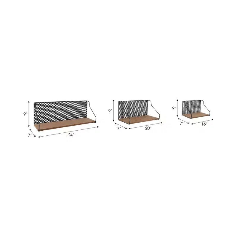 Wall Storage Shelves Set of 3 - Boho Metal & Wood Hanging Shelves with Veneer Finish - Iron Frame - Decorative Floating Shelves for Home & Office