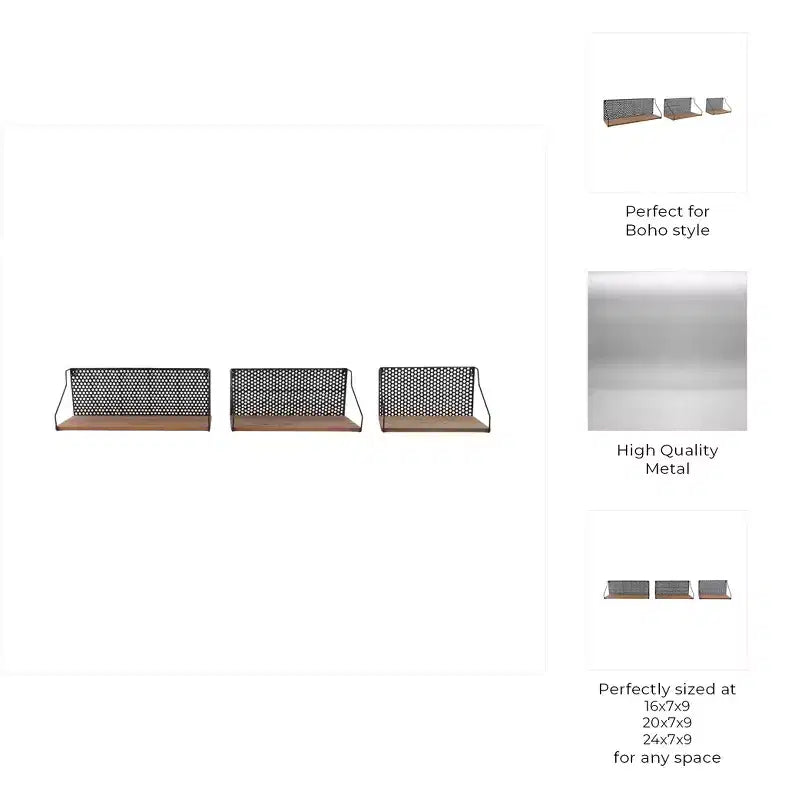 Wall Storage Shelves Set of 3 - Boho Metal & Wood Hanging Shelves with Veneer Finish - Iron Frame - Decorative Floating Shelves for Home & Office