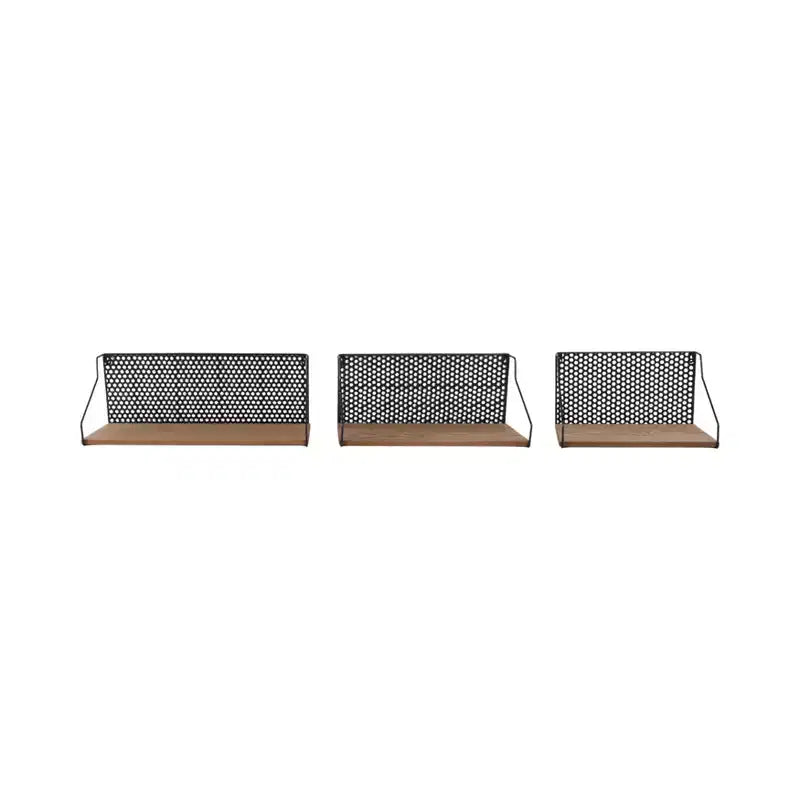 Wall Storage Shelves Set of 3 - Boho Metal & Wood Hanging Shelves with Veneer Finish - Iron Frame - Decorative Floating Shelves for Home & Office