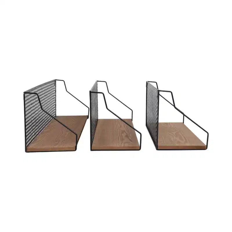 Wall Storage Shelves Set of 3 - Boho Metal & Wood Hanging Shelves with Veneer Finish - Iron Frame - Decorative Floating Shelves for Home & Office