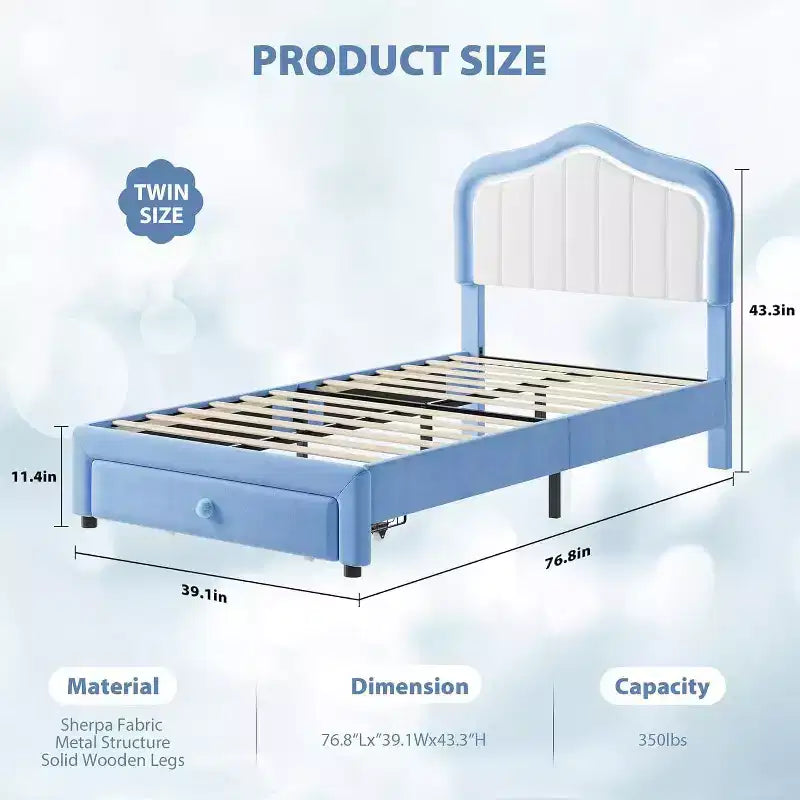 Twin Velvet Bed Frame with Glow Feature, Storage Drawer, Upholstered Headboard, No Box Spring, Blue