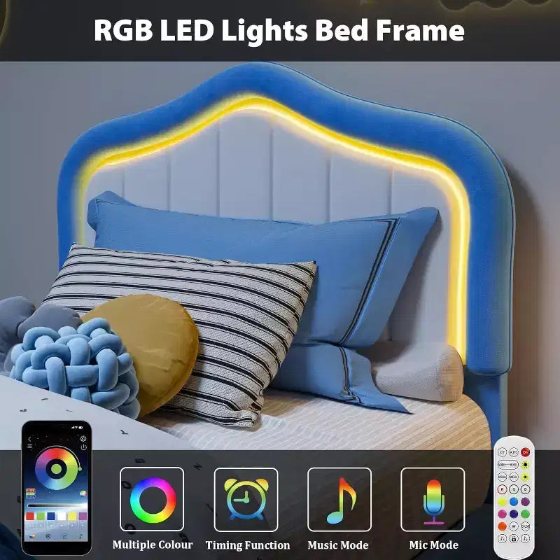 Twin Velvet Bed Frame with Glow Feature, Storage Drawer, Upholstered Headboard, No Box Spring, Blue
