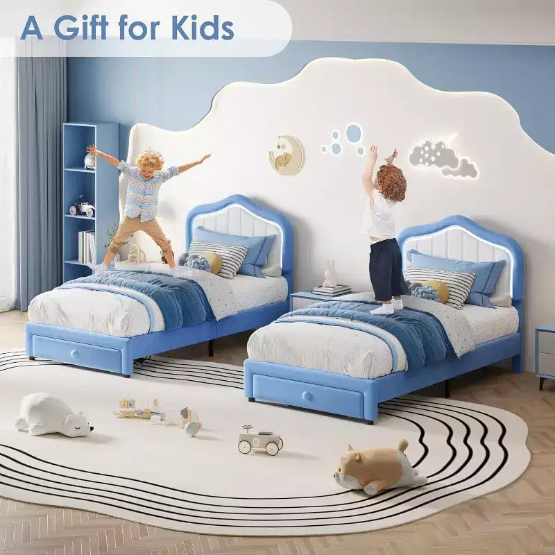Twin Velvet Bed Frame with Glow Feature, Storage Drawer, Upholstered Headboard, No Box Spring, Blue