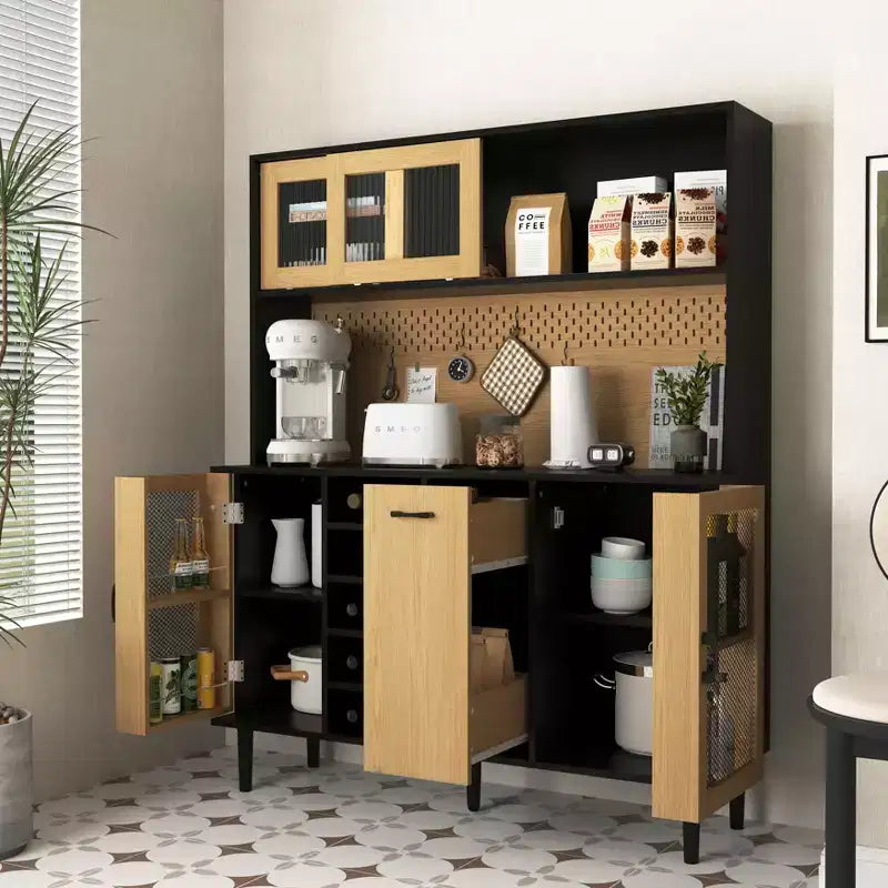 Okak Wooden Sideboard Cabinet, Bufft Cabinet with 4 Doors and 2 Drawers, Storage Cabinet for Living Room, Dining Room, Kitchen