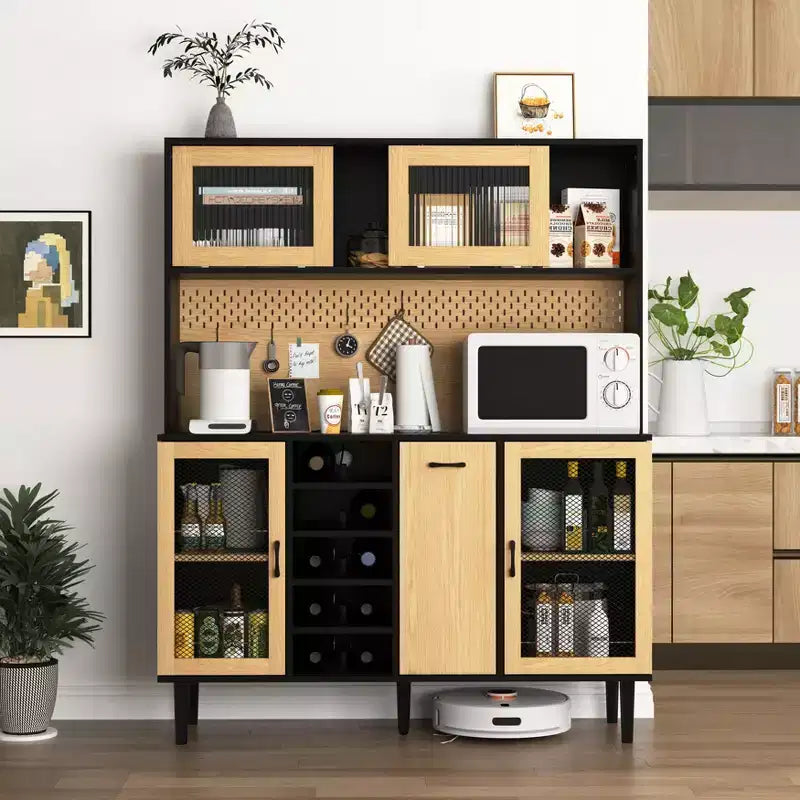 Okak Sideboard aus Holz, Buffet-Schrank mit 4 Türen und 2 Schubladen, Aufbewahrungsschrank für Wohnzimmer, Esszimmer, Küche