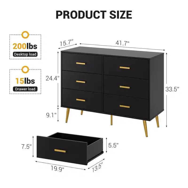Wooden Chest of Drawers, Modern 6 Drawer Storage Cabinet with Gold Handles and Sturdy Metal Legs, Bedroom Drawer Organizer for Living Room, Hallway