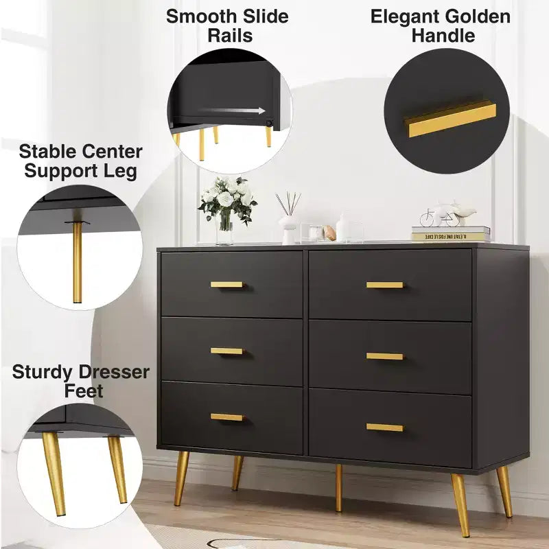 Wooden Chest of Drawers, Modern 6 Drawer Storage Cabinet with Gold Handles and Sturdy Metal Legs, Bedroom Drawer Organizer for Living Room, Hallway