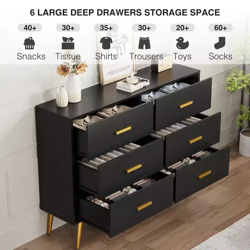 Wooden Chest of Drawers, Modern 6 Drawer Storage Cabinet with Gold Handles and Sturdy Metal Legs, Bedroom Drawer Organizer for Living Room, Hallway
