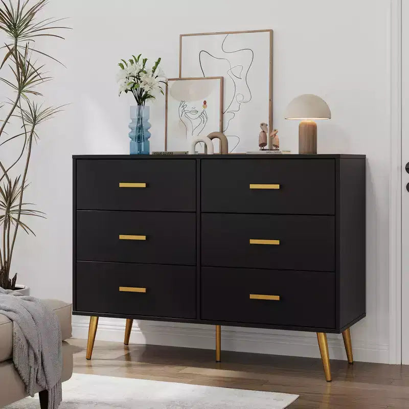 Wooden Chest of Drawers, Modern 6 Drawer Storage Cabinet with Gold Handles and Sturdy Metal Legs, Bedroom Drawer Organizer for Living Room, Hallway