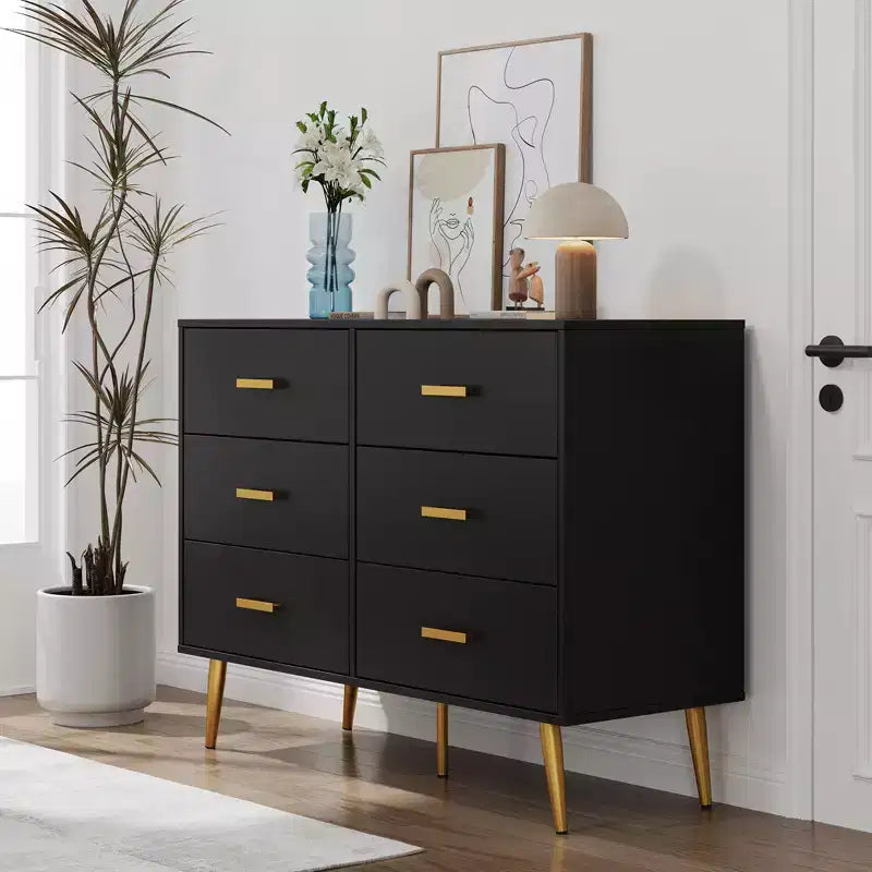 Wooden Chest of Drawers, Modern 6 Drawer Storage Cabinet with Gold Handles and Sturdy Metal Legs, Bedroom Drawer Organizer for Living Room, Hallway