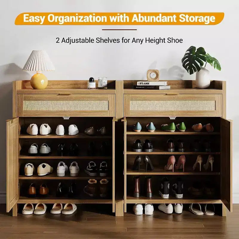 COZONY 2-Piece Rattan Shoe Cabinet Set, Adjustable Shelf Storage Organizer with Drawer, Farmhouse Style Entryway Cabinet for Hallway