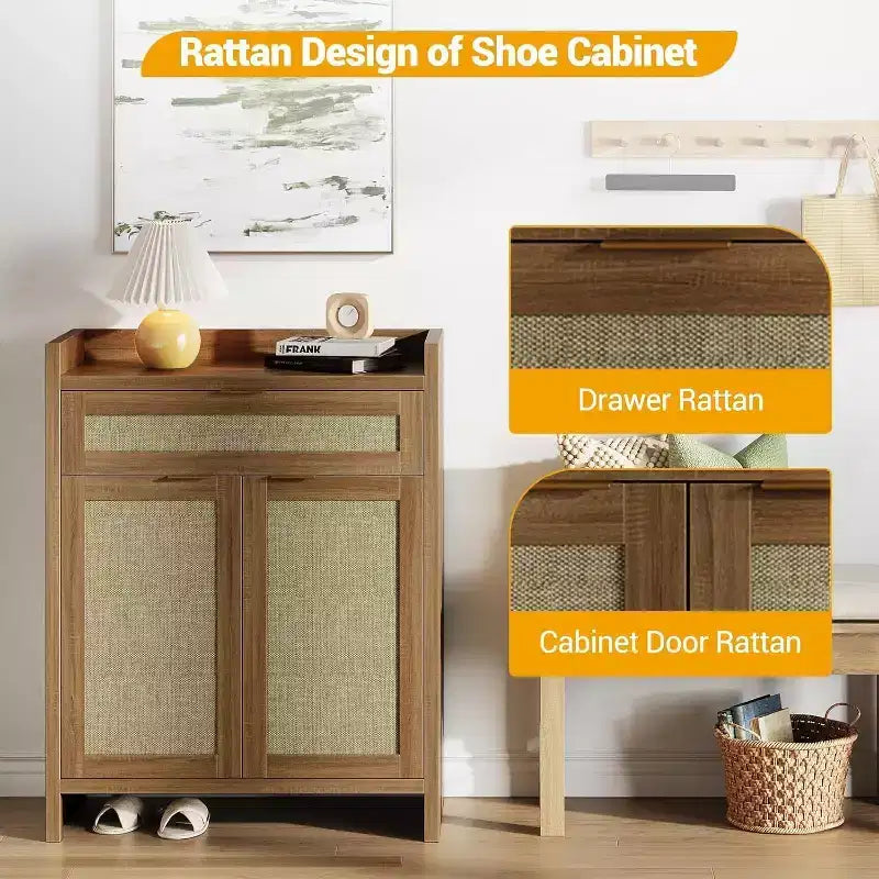 COZONY 2-Piece Rattan Shoe Cabinet Set, Adjustable Shelf Storage Organizer with Drawer, Farmhouse Style Entryway Cabinet for Hallway