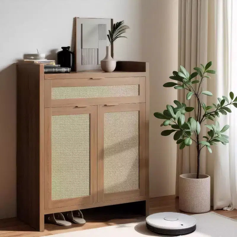 COZONY 2-Piece Rattan Shoe Cabinet Set, Adjustable Shelf Storage Organizer with Drawer, Farmhouse Style Entryway Cabinet for Hallway