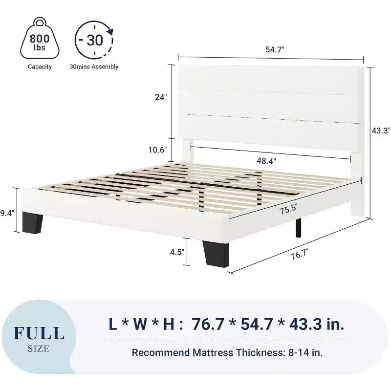 Allewie Velvet Upholstered Bed with Wooden Slats, No Box Spring Needed, Easy Assembly, White