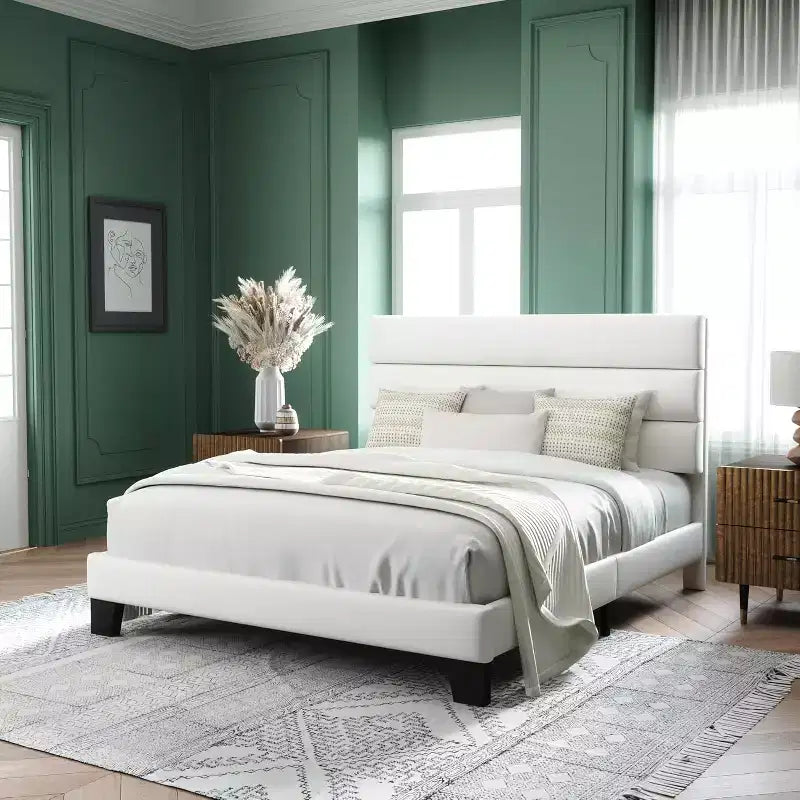 Allewie Velvet Upholstered Bed with Wooden Slats, No Box Spring Needed, Easy Assembly, White