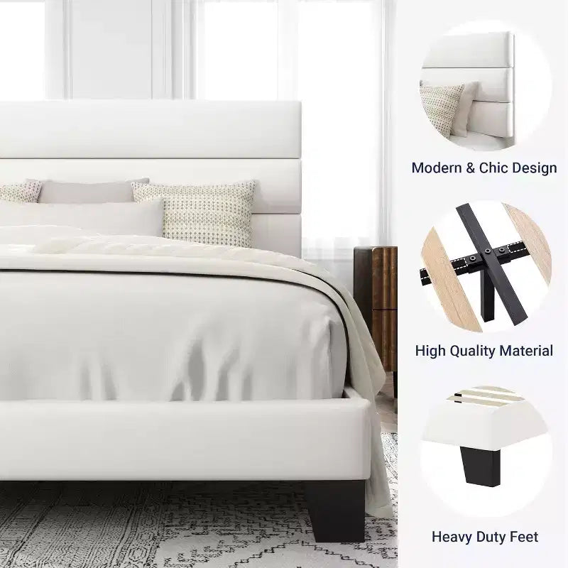 Allewie Velvet Upholstered Bed with Wooden Slats, No Box Spring Needed, Easy Assembly, White
