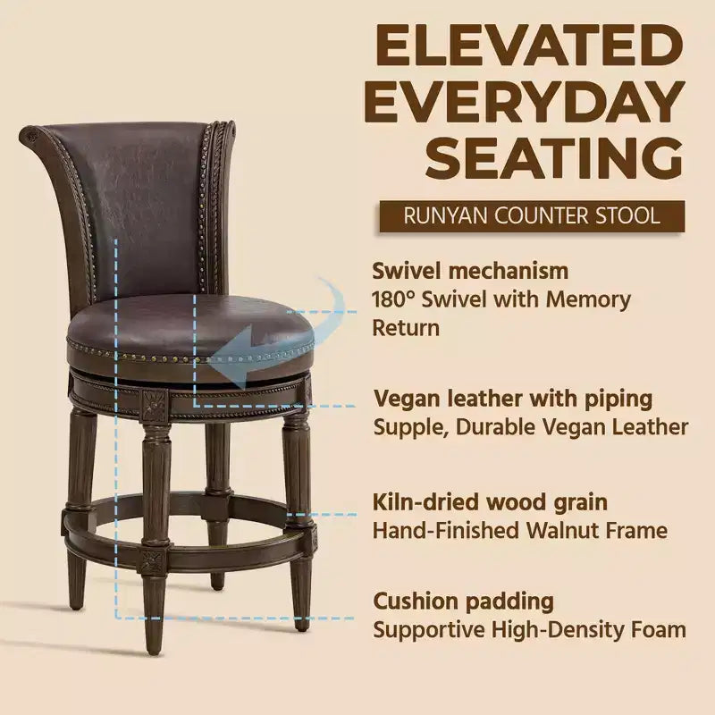 ROME + OAK Runyan Counter Stool, Dark Walnut, Vintage Brown Vegan Leather, Set of 4