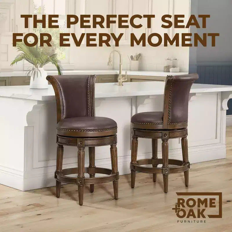 ROME + OAK Runyan Counter Stool, Dark Walnut, Vintage Brown Vegan Leather, Set of 4