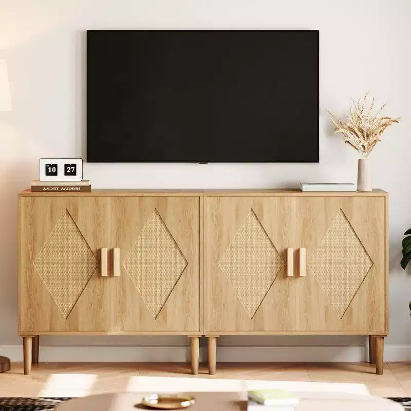Rattan Sideboard with Double Doors, Bohemian Storage Cabinet with Drawers for Dining Room and Living Room