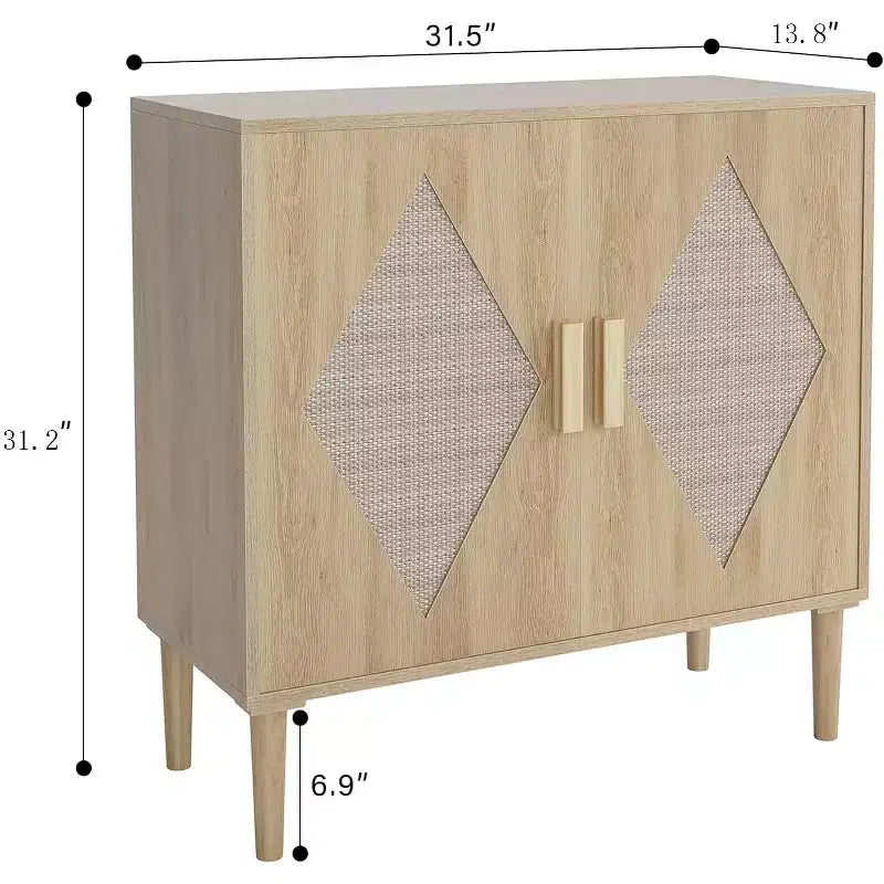 Rattan Sideboard with Double Doors, Bohemian Storage Cabinet with Drawers for Dining Room and Living Room