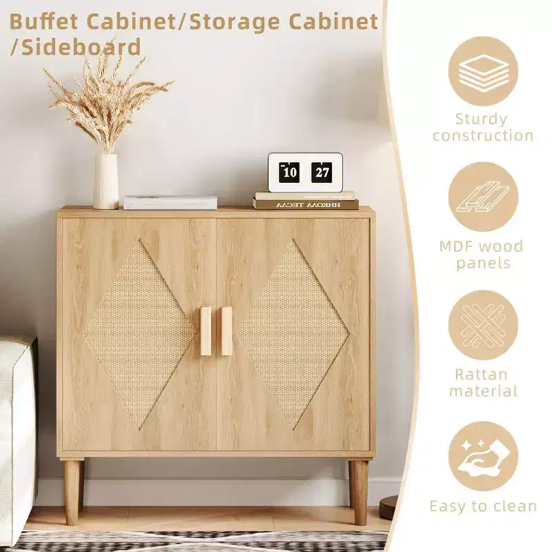 Rattan Sideboard with Double Doors, Bohemian Storage Cabinet with Drawers for Dining Room and Living Room