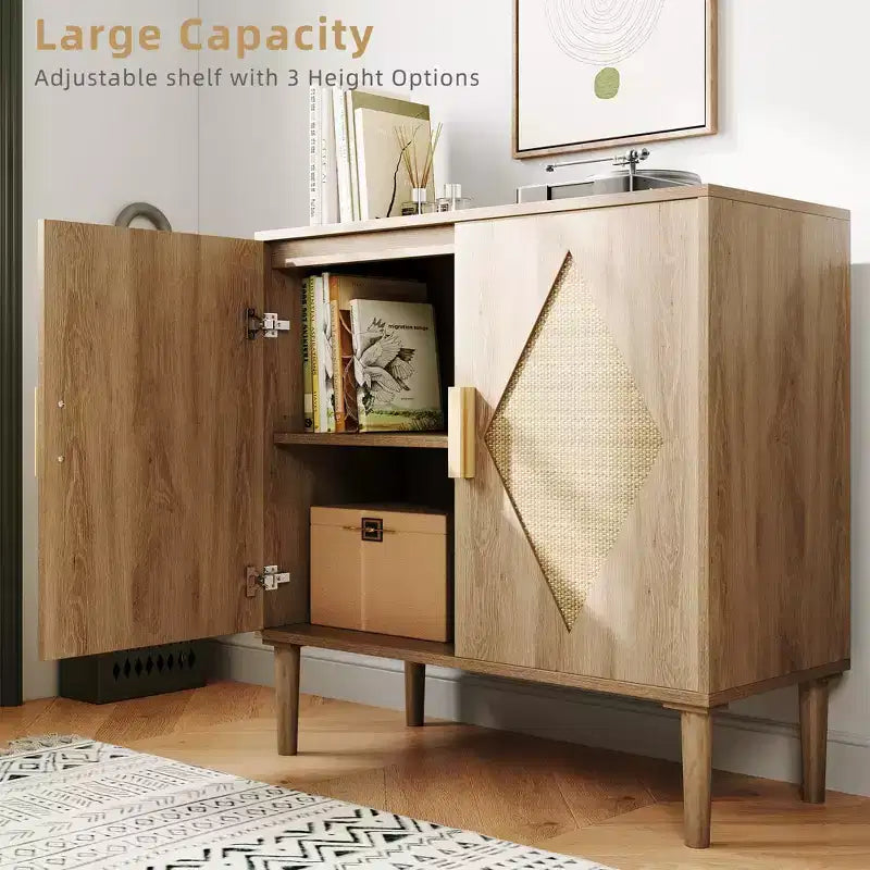 Rattan Sideboard with Double Doors, Bohemian Storage Cabinet with Drawers for Dining Room and Living Room